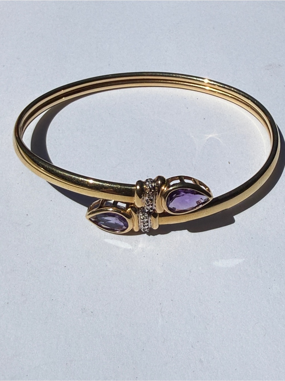 14k Gold Bypass Bracelet, Two Pear Cut  Amethyst Gemstones with Diamond Accents